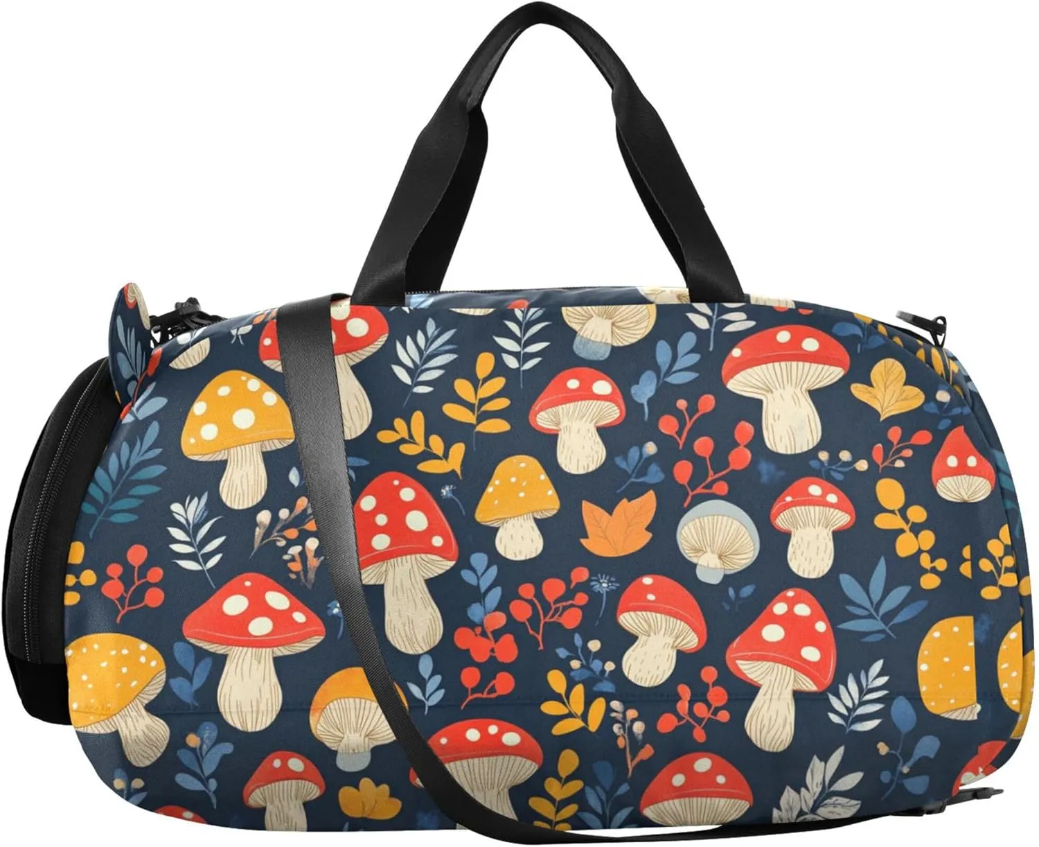 Personalized Mushroom Leaf Navy Blue Gym Duffel Bag with Shoes Compartment Lightweight Weekender Overnight Dance Bag for Beach Swim Bags Pool Sports