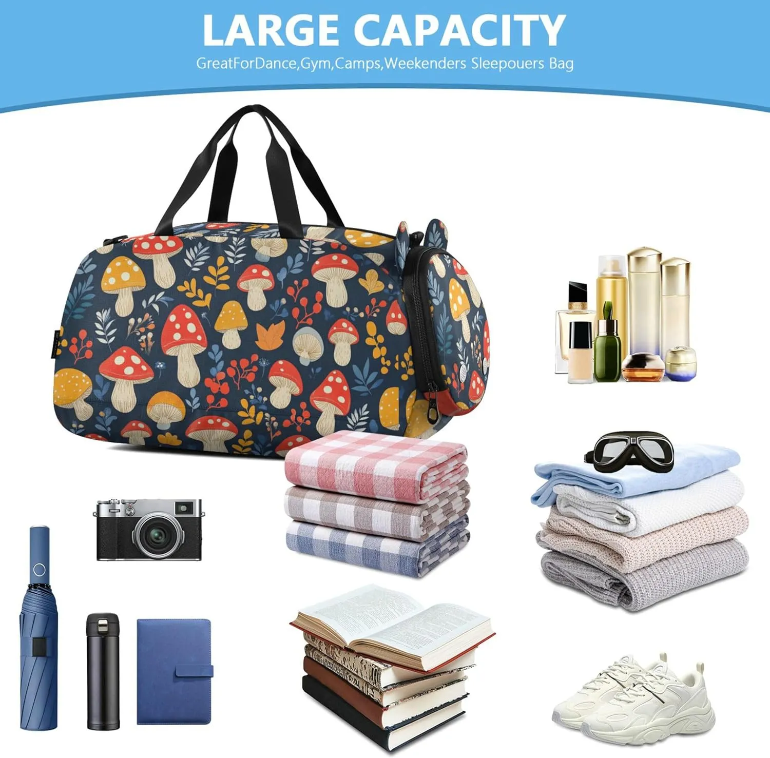 Personalized Mushroom Leaf Navy Blue Gym Duffel Bag with Shoes Compartment Lightweight Weekender Overnight Dance Bag for Beach Swim Bags Pool Sports