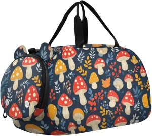 Personalized Mushroom Leaf Navy Blue Gym Duffel Bag with Shoes Compartment Lightweight Weekender Overnight Dance Bag for Beach Swim Bags Pool Sports