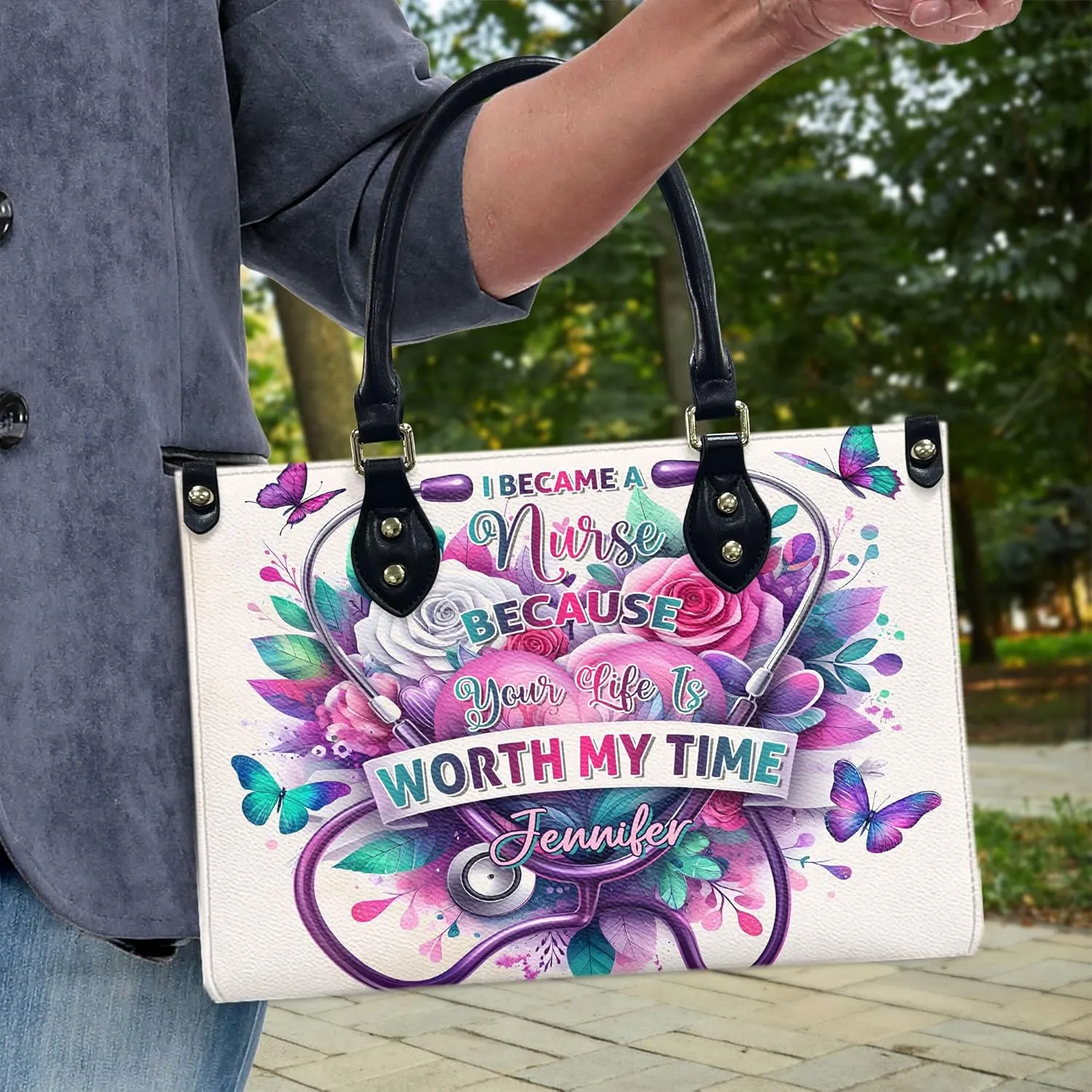 Personalized Nurse Leather Handbags, Gift For Nurses, Afro Nurse Bags Nursing Tote Bag Custom Gift, Leather Handbag with Ziplock Gift for Her (05)