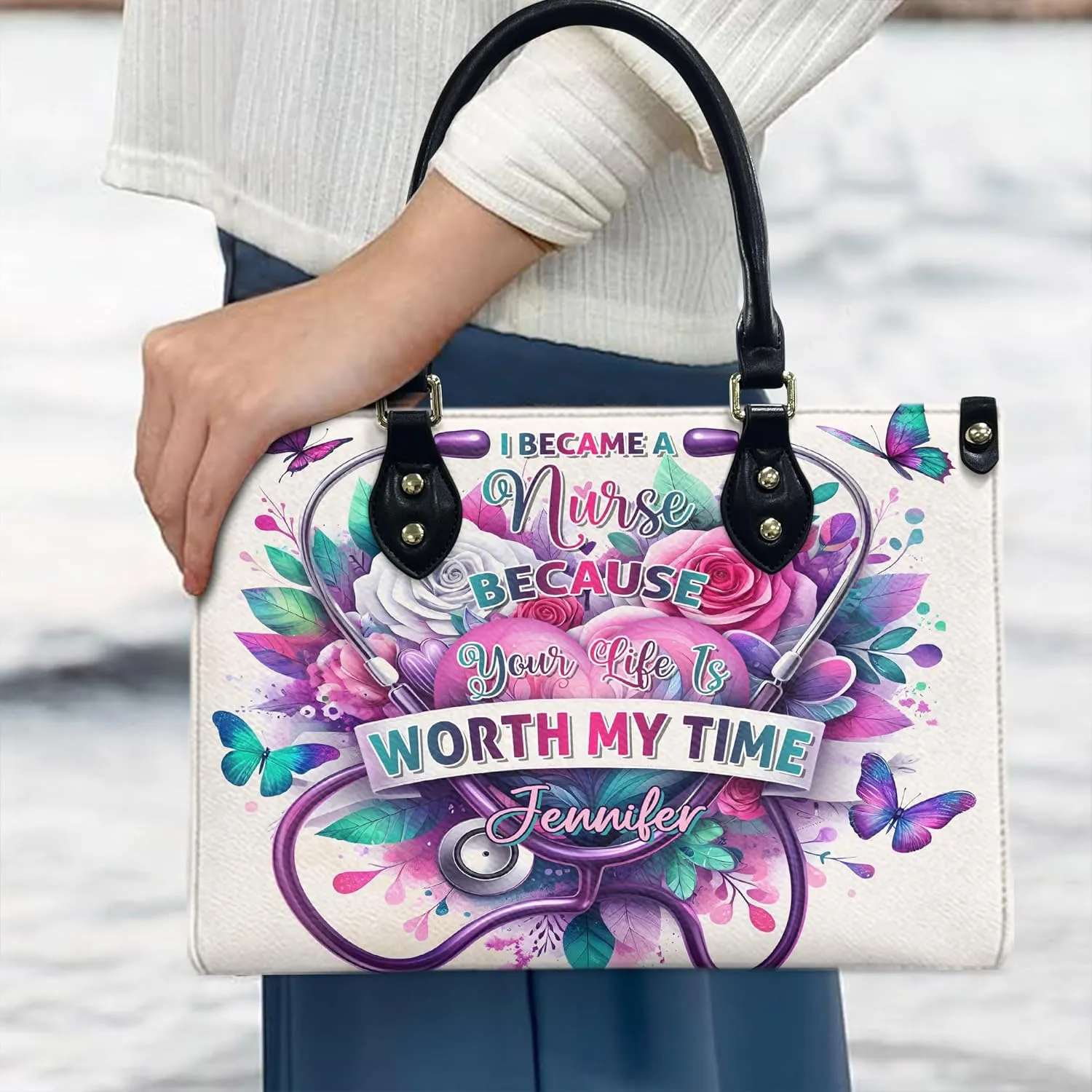 Personalized Nurse Leather Handbags, Gift For Nurses, Afro Nurse Bags Nursing Tote Bag Custom Gift, Leather Handbag with Ziplock Gift for Her (05)