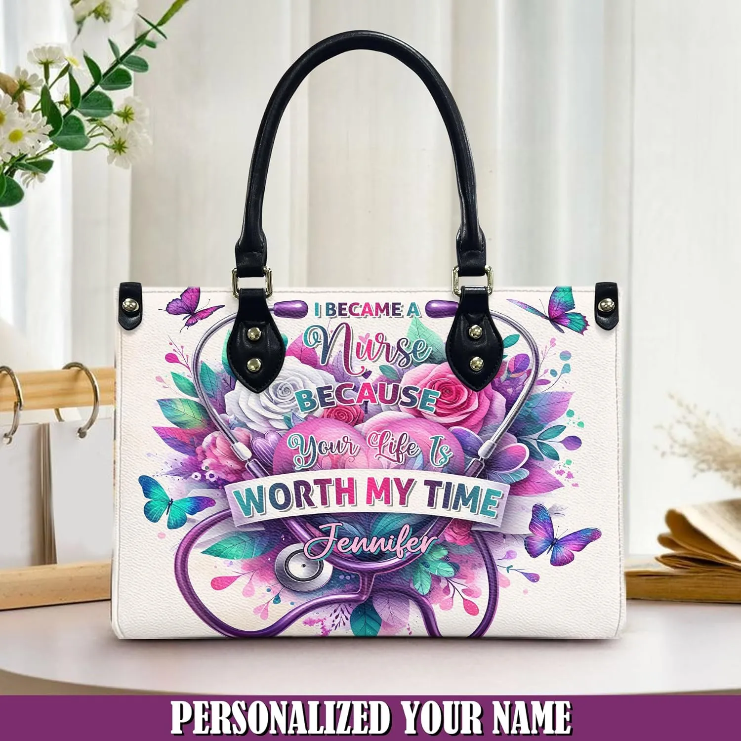 Personalized Nurse Leather Handbags, Gift For Nurses, Afro Nurse Bags Nursing Tote Bag Custom Gift, Leather Handbag with Ziplock Gift for Her (05)