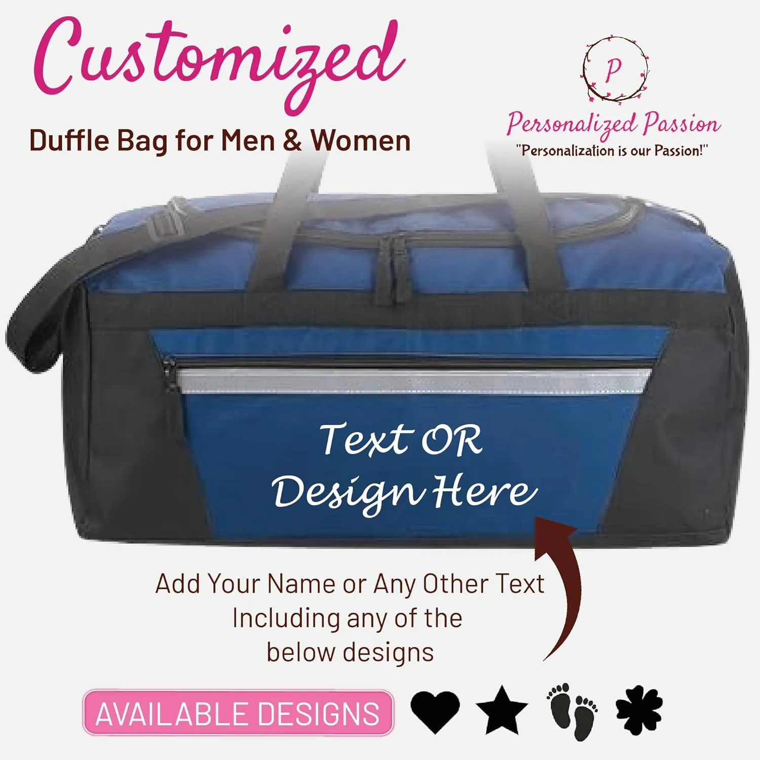 Personalized Passion Duffel Bag for Men and Women - Perfect Sized Water Resistant Travel Duffle - Custom Name Overnight Weekender Bag for Storage - Navy