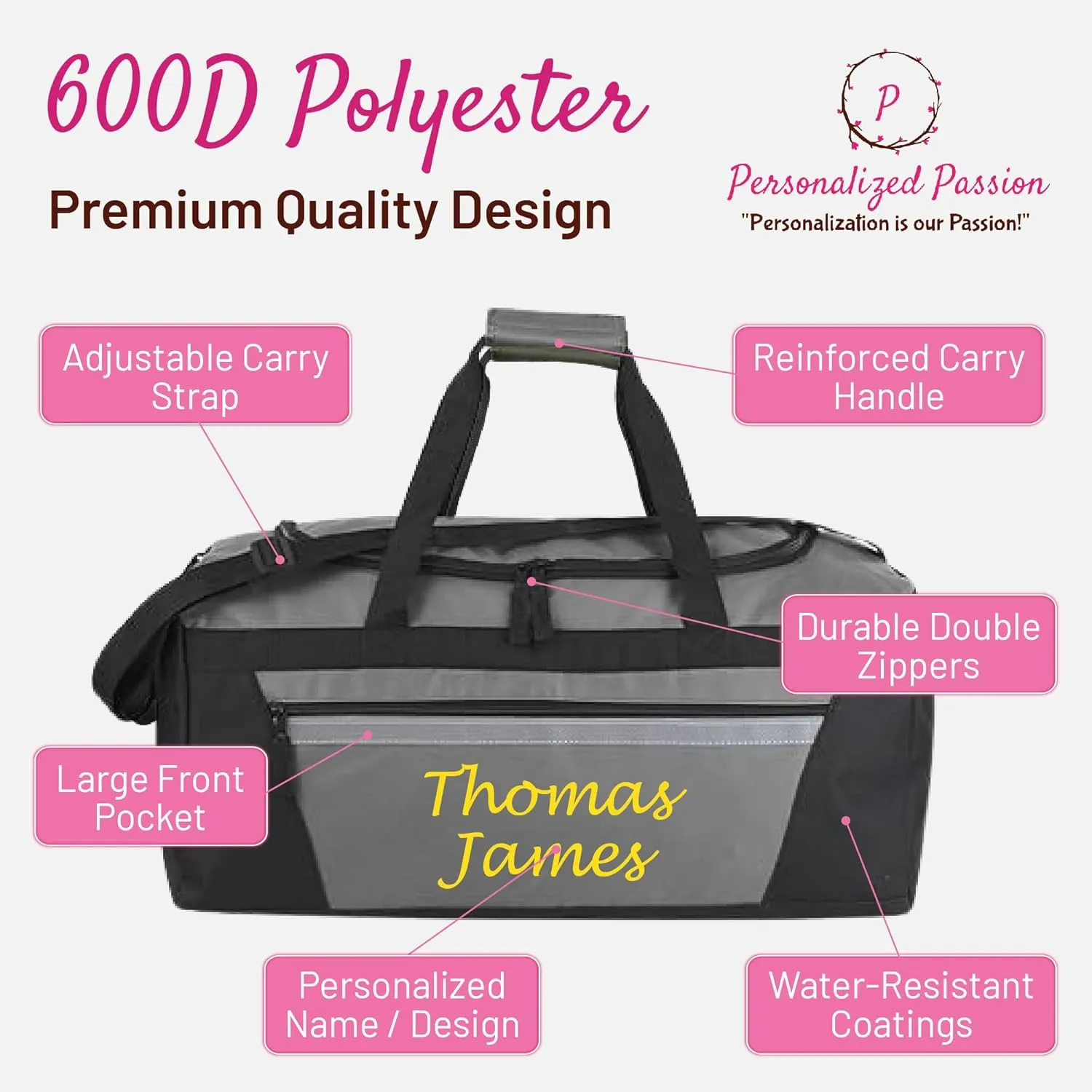 Personalized Passion Duffel Bag for Men and Women - Perfect Sized Water Resistant Travel Duffle - Custom Name Overnight Weekender Bag for Storage - Navy
