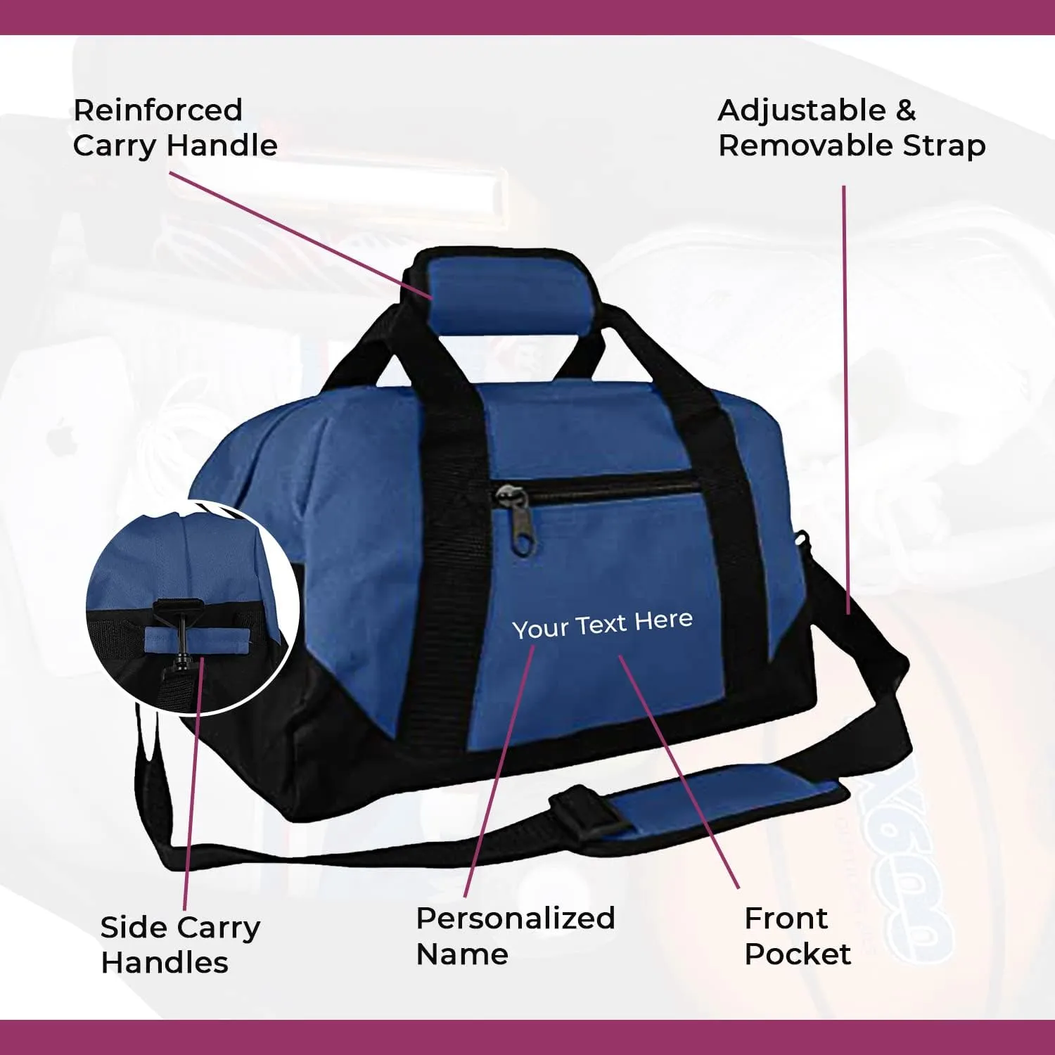 Personalized Passion Small Duffle Bag for Boys and Girls - Perfect Sized 14” Two Toned Travel Duffle - Personalized Name Sports Gym Bag for Storage - Navy Blue