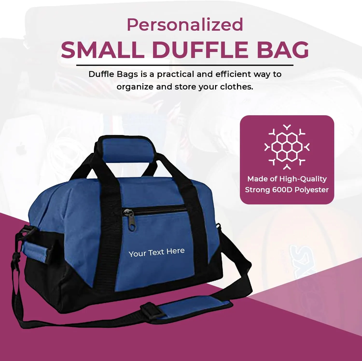 Personalized Passion Small Duffle Bag for Boys and Girls - Perfect Sized 14” Two Toned Travel Duffle - Personalized Name Sports Gym Bag for Storage - Navy Blue