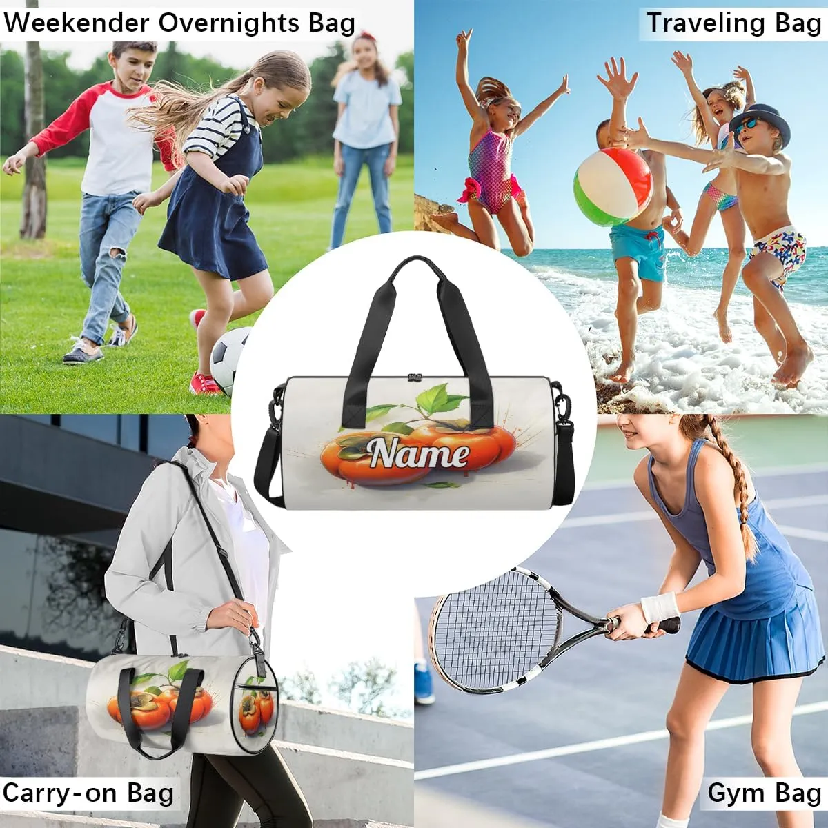 Personalized Sport Gym Bag Dance Duffle Ballet Bag Overnight Travel Sleepover Bags Swimming Hiking Camping, Persimmon Pattern