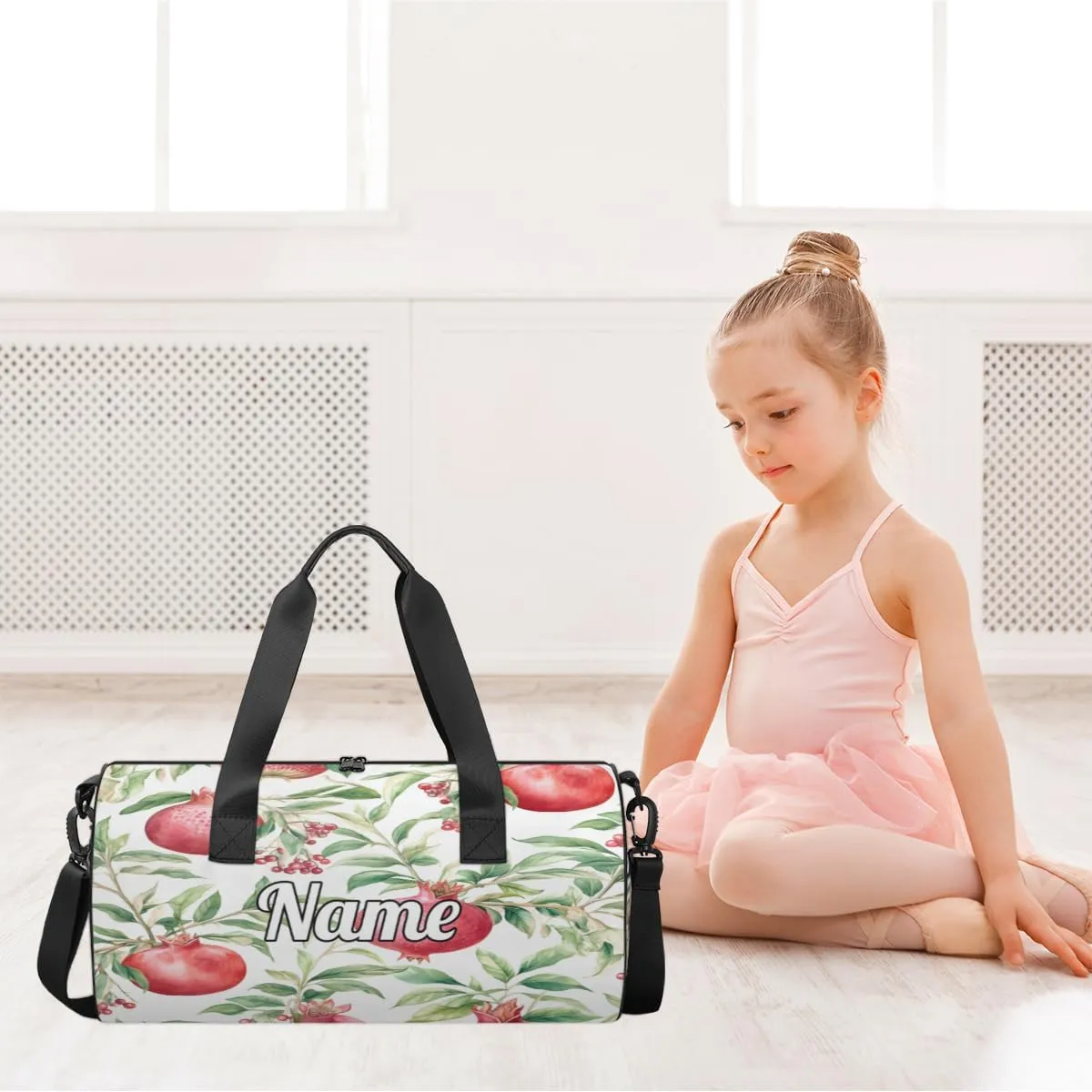 Personalized Sport Gym Bag Dance Duffle Ballet Bag Overnight Travel Sleepover Bags Swimming Hiking Camping, Pomegranates Flowers Pattern