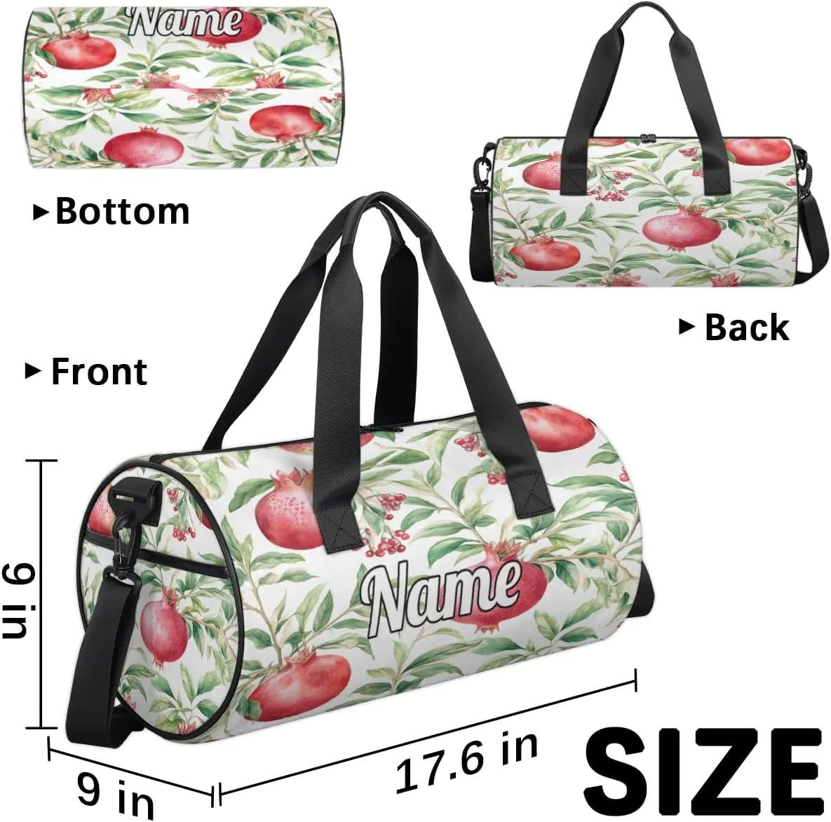 Personalized Sport Gym Bag Dance Duffle Ballet Bag Overnight Travel Sleepover Bags Swimming Hiking Camping, Pomegranates Flowers Pattern