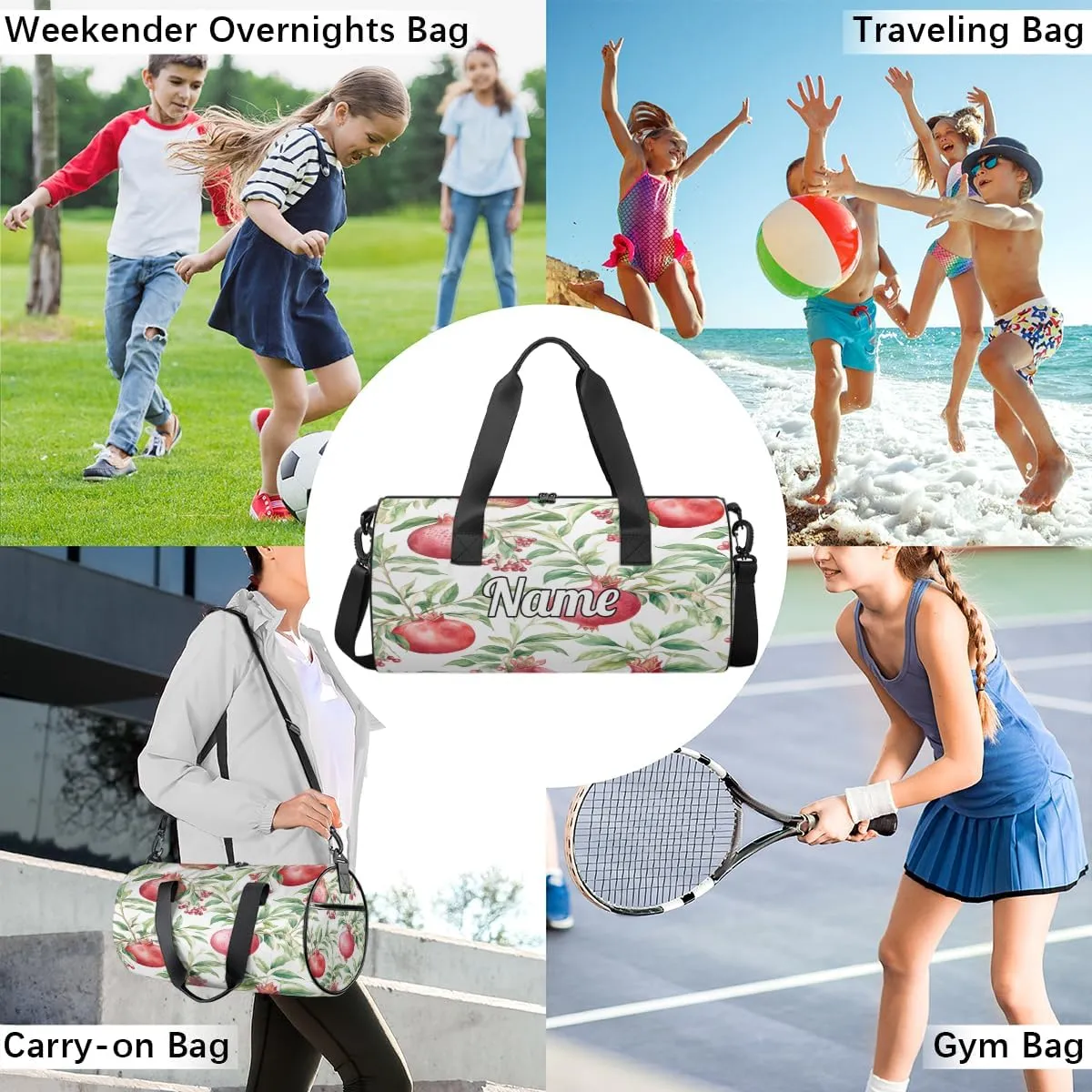 Personalized Sport Gym Bag Dance Duffle Ballet Bag Overnight Travel Sleepover Bags Swimming Hiking Camping, Pomegranates Flowers Pattern