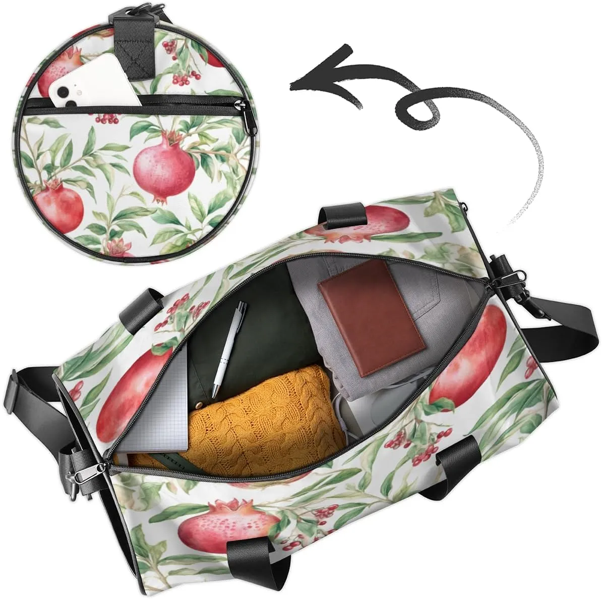 Personalized Sport Gym Bag Dance Duffle Ballet Bag Overnight Travel Sleepover Bags Swimming Hiking Camping, Pomegranates Flowers Pattern