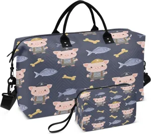 Pig Fish Bone Pattern Travel Duffle Bag Gym Yoga Carry on Bags for Men Women Weekender Bag