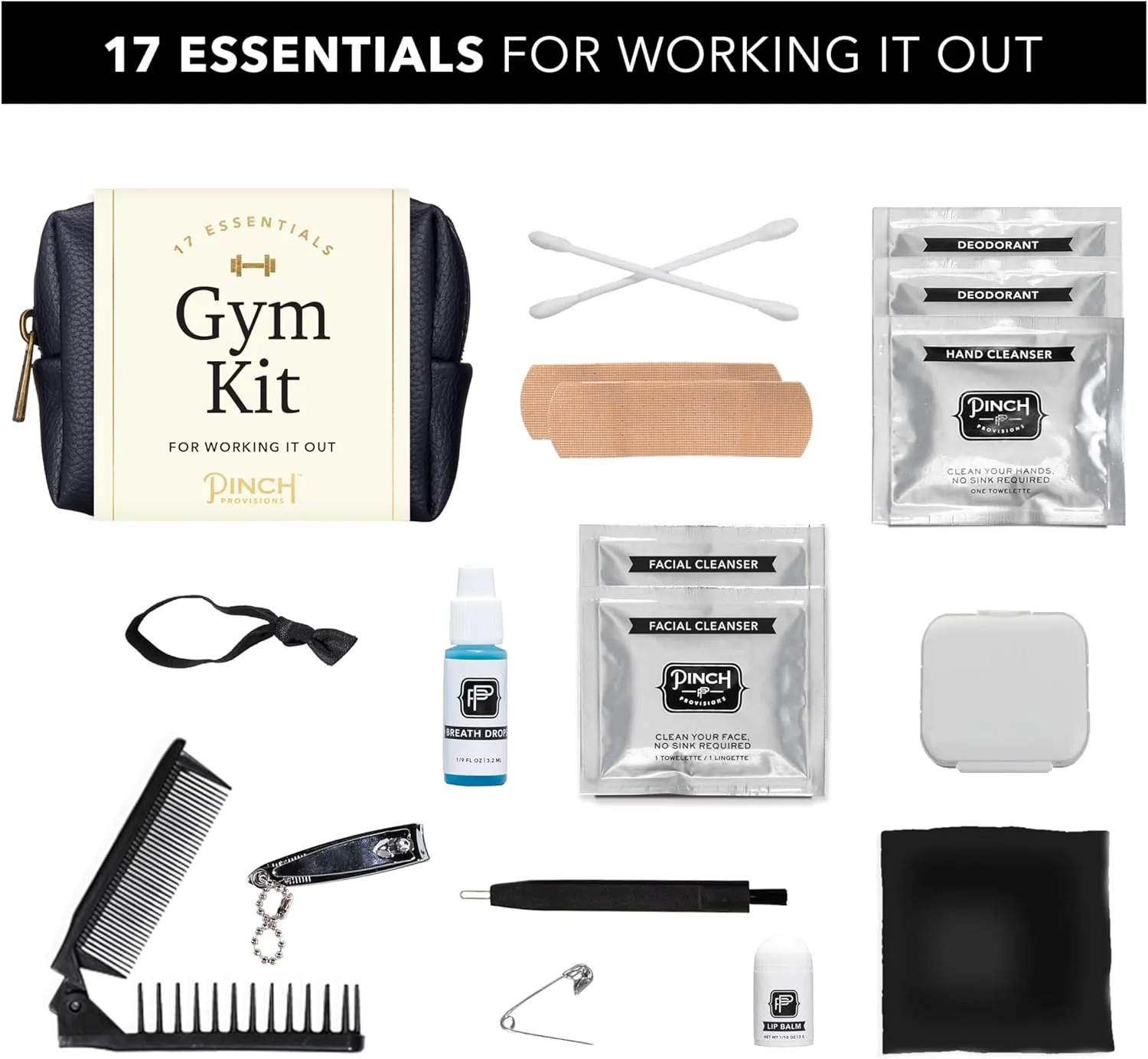 Pinch Provisions Gym Kit, Includes 15 Personal Care Essentials for Wellness & Beauty, Perfect for Gifts, Gym Bags, Duffle Bags & Lockers (Navy)