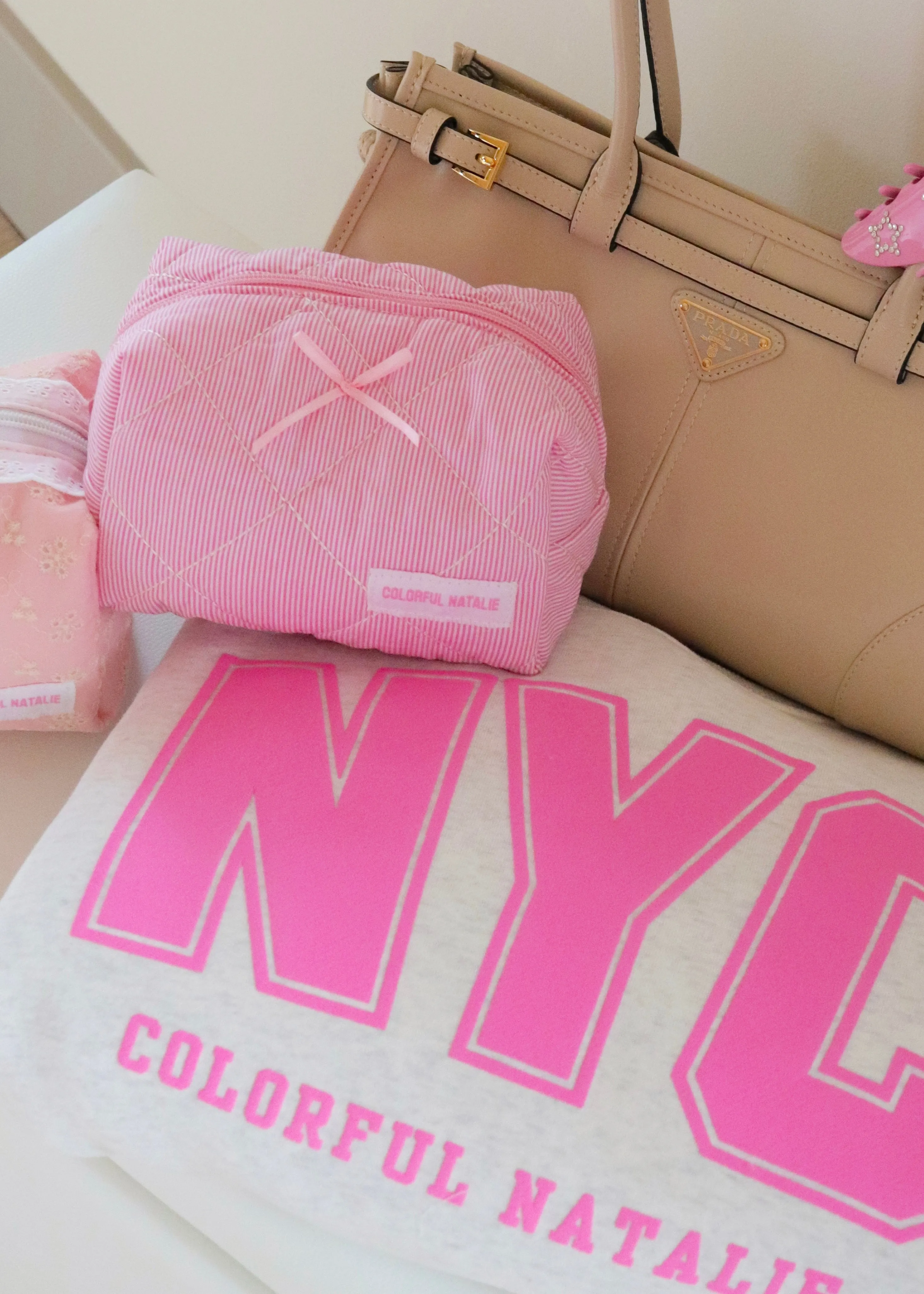 Pink Striped Bows Makeup Bag