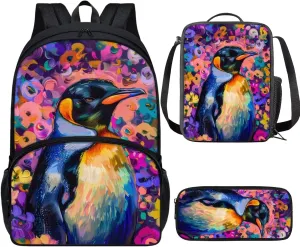 PinUp Angel Cool Emperor Penguin Print Kids Art Oil Painting Animal Pattern Backpack with Lunch Bag Pencil Bag for Elementary Primary School Bags for Children Book Bags Gifts