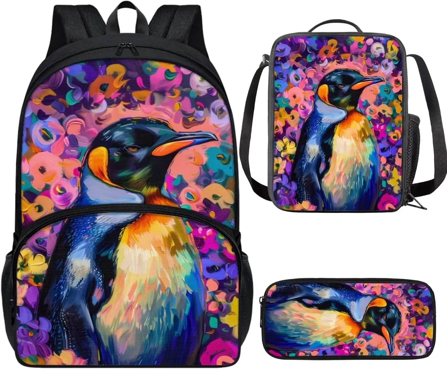 PinUp Angel Cool Emperor Penguin Print Kids Art Oil Painting Animal Pattern Backpack with Lunch Bag Pencil Bag for Elementary Primary School Bags for Children Book Bags Gifts