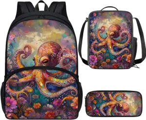 PinUp Angel Cool Octopus Print Kids Art Oil Painting Animal Pattern Backpack with Lunch Bag Pencil Bag for Elementary Primary School Bags for Children Book Bags Gifts
