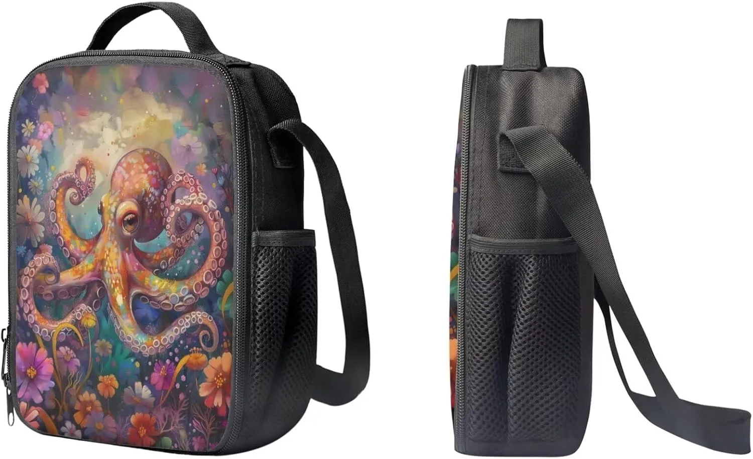 PinUp Angel Cool Octopus Print Kids Art Oil Painting Animal Pattern Backpack with Lunch Bag Pencil Bag for Elementary Primary School Bags for Children Book Bags Gifts