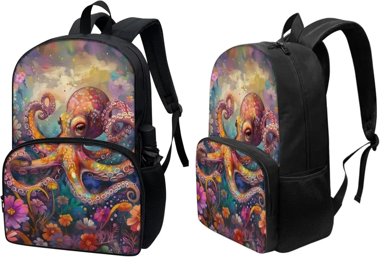 PinUp Angel Cool Octopus Print Kids Art Oil Painting Animal Pattern Backpack with Lunch Bag Pencil Bag for Elementary Primary School Bags for Children Book Bags Gifts