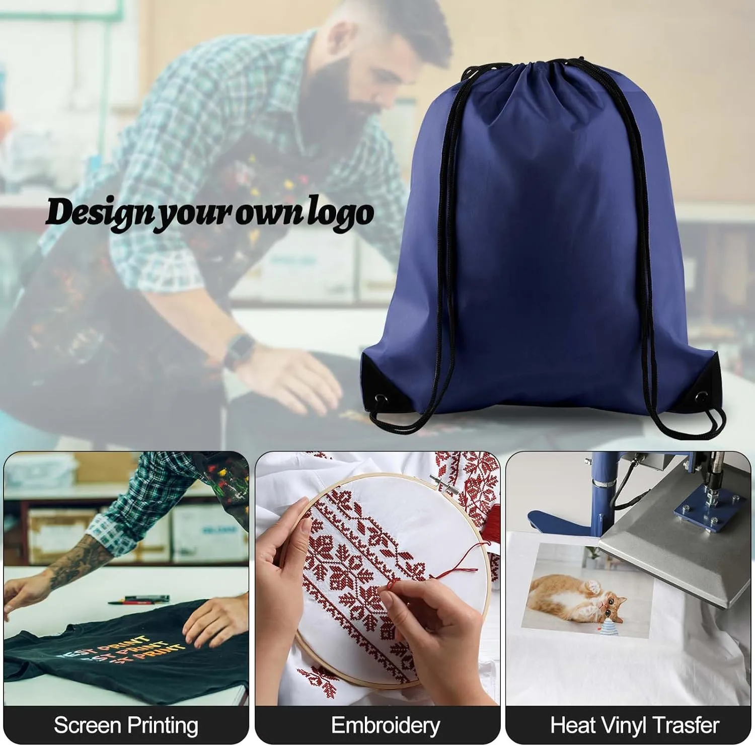 PLULON 15 Pcs Navy Blue Drawstring Bags Drawstring Backpack Bulk, String Backpack Cinch Sack Sport Gym Backpack Bags for Yoga Traveling Outdoor Sports