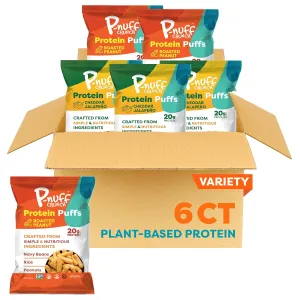 Pnuff Roasted Peanut & Cheddar Jalapeno Puffs Variety Pack - Keto Protein Cheese Puffs, Healthy Snacks, High Protein Snacks for Adults, Low Calorie, 20g Protein - 4 oz (6 Individual Bags)