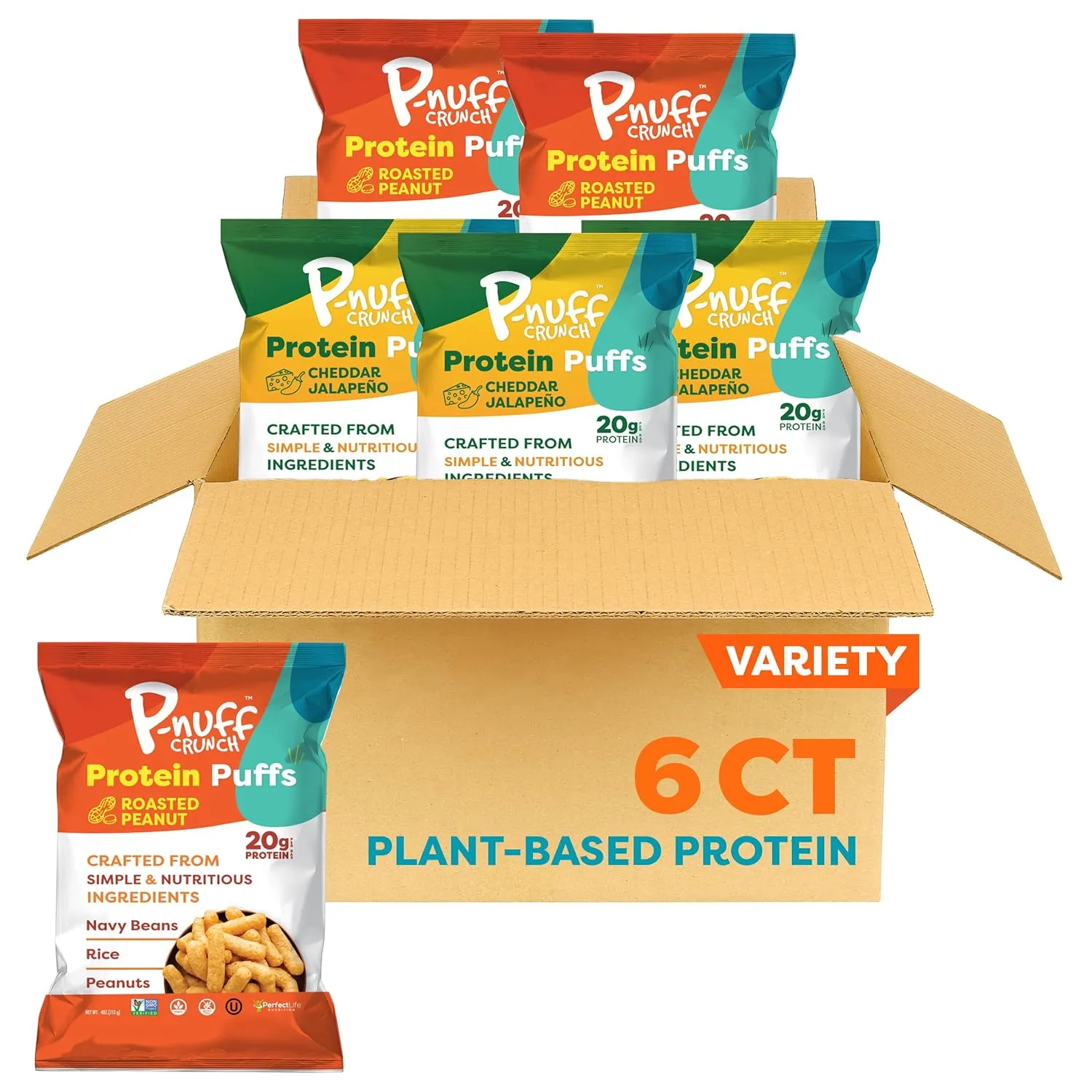 Pnuff Roasted Peanut & Cheddar Jalapeno Puffs Variety Pack - Keto Protein Cheese Puffs, Healthy Snacks, High Protein Snacks for Adults, Low Calorie, 20g Protein - 4 oz (6 Individual Bags)