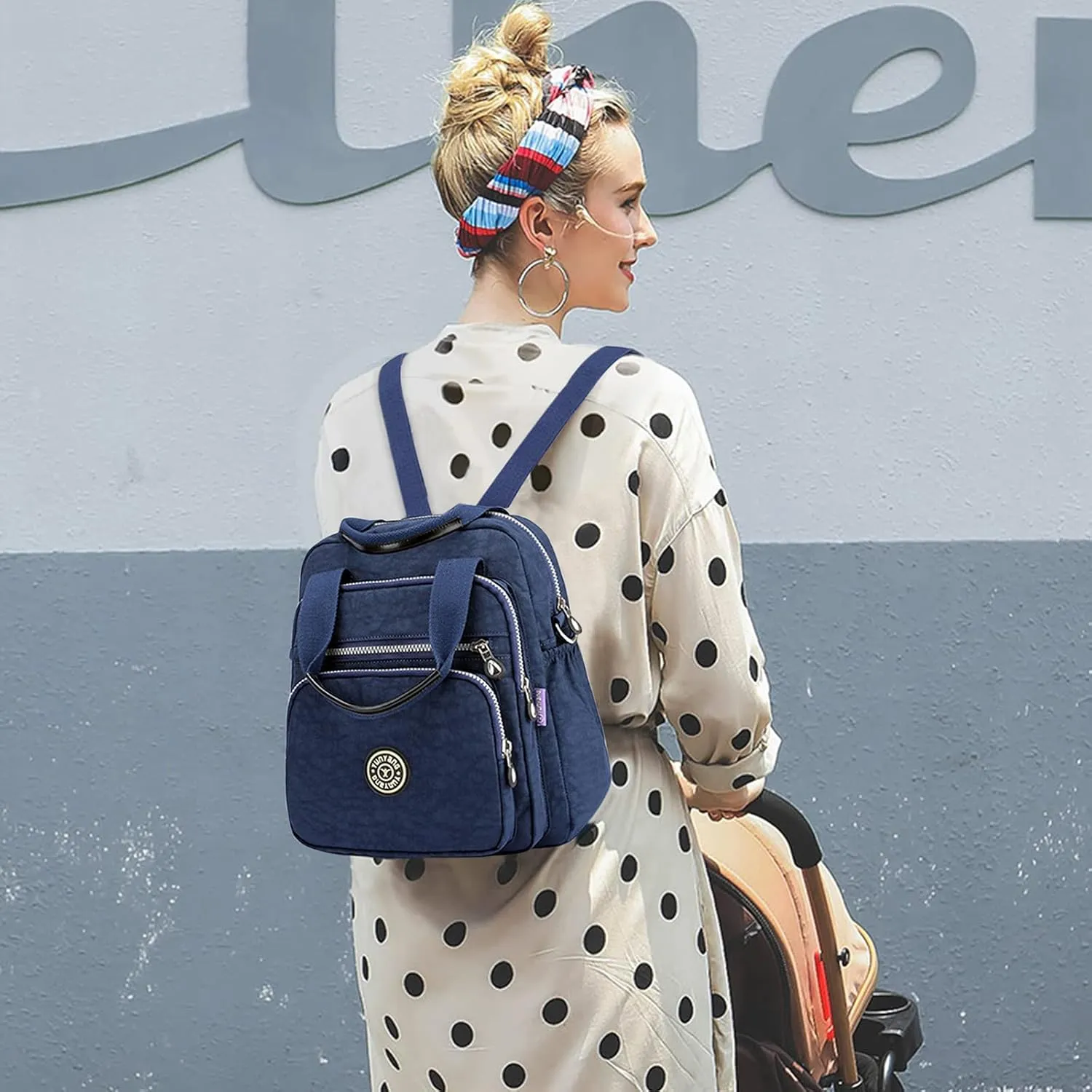 PORRASSO Casual Backpack Women Shoulder Bag Ladies Crossbody Bag Nylon Handbag Daypack for Work Travel Daily Use Navy Blue