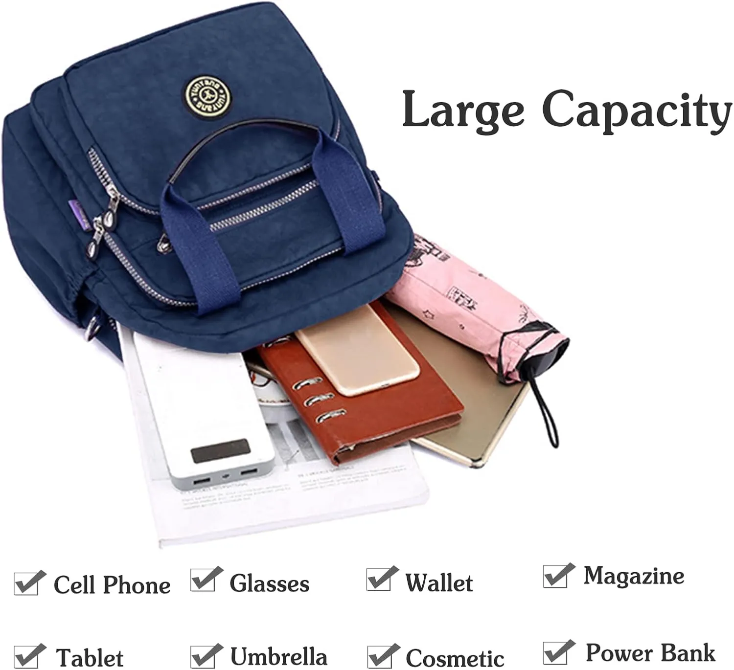 PORRASSO Casual Backpack Women Shoulder Bag Ladies Crossbody Bag Nylon Handbag Daypack for Work Travel Daily Use Navy Blue
