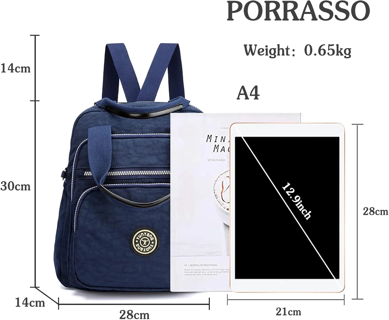 PORRASSO Casual Backpack Women Shoulder Bag Ladies Crossbody Bag Nylon Handbag Daypack for Work Travel Daily Use Navy Blue