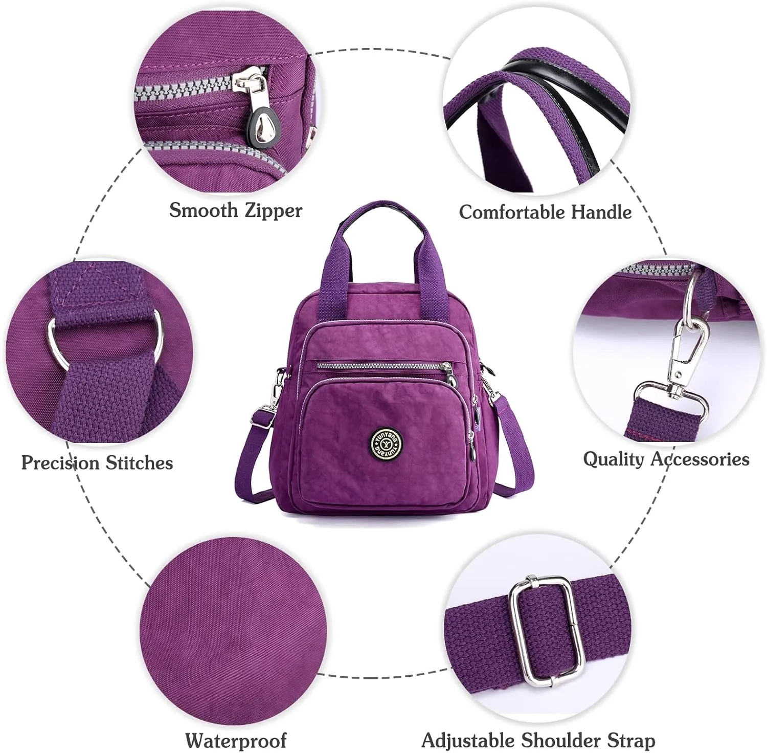 PORRASSO Casual Backpack Women Shoulder Bag Ladies Crossbody Bag Nylon Handbag Daypack for Work Travel Daily Use Navy Blue
