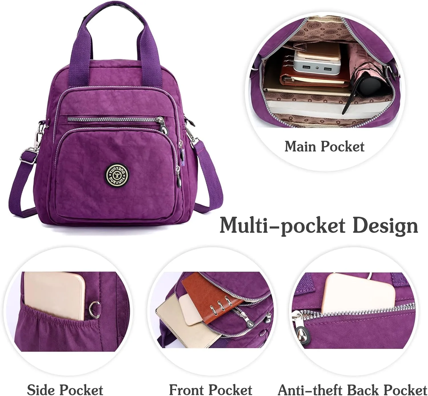 PORRASSO Casual Backpack Women Shoulder Bag Ladies Crossbody Bag Nylon Handbag Daypack for Work Travel Daily Use Navy Blue