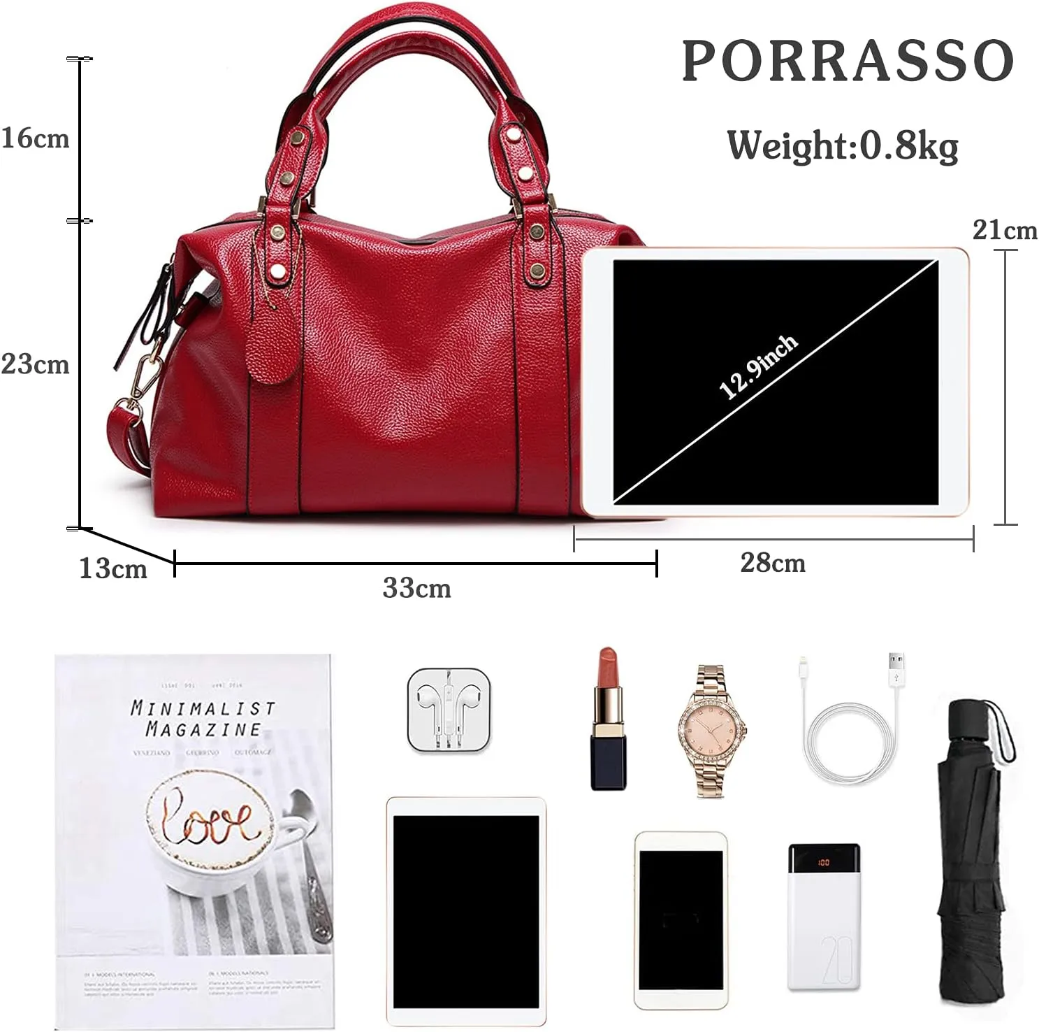 PORRASSO Elegant Ladies Shoulder Crossbody Top-Handle Work Travel Dating Boston Bag - Red, Waterproof PU Leather