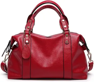 PORRASSO Elegant Ladies Shoulder Crossbody Top-Handle Work Travel Dating Boston Bag - Red, Waterproof PU Leather