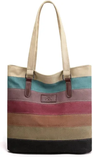 PORRASSO Tote Bag Women Canvas Shoulder Bag Ladies Striped Handbag for Work Shopping Travel Multicolor