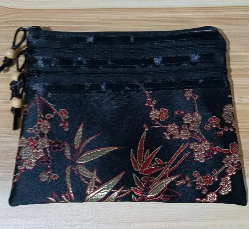 Portable Large Silk Brocade Multi Zipper Pouch Jewelry Storage Bags for Travel Cosmetic Makeup Packaging 3 Zip Purses (black (pattern random))
