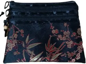 Portable Large Silk Brocade Multi Zipper Pouch Jewelry Storage Bags for Travel Cosmetic Makeup Packaging 3 Zip Purses (black (pattern random))