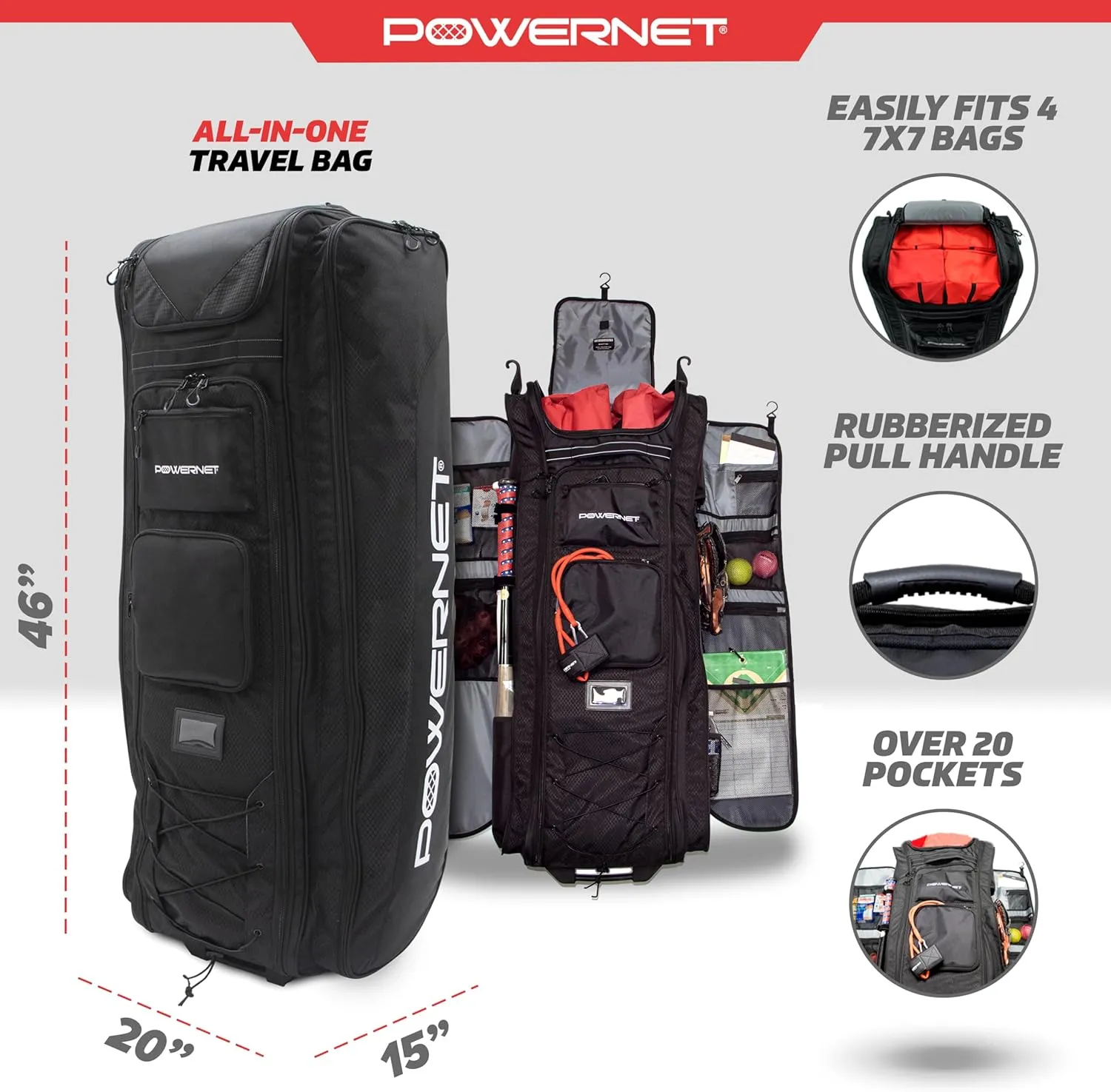PowerNet Baseball Bag, Travel Bag for Softball Baseball Accessories & Baseball Gear, Fits Baseball Glove, Bat, Helmet, Batting Gloves & Catchers Gear