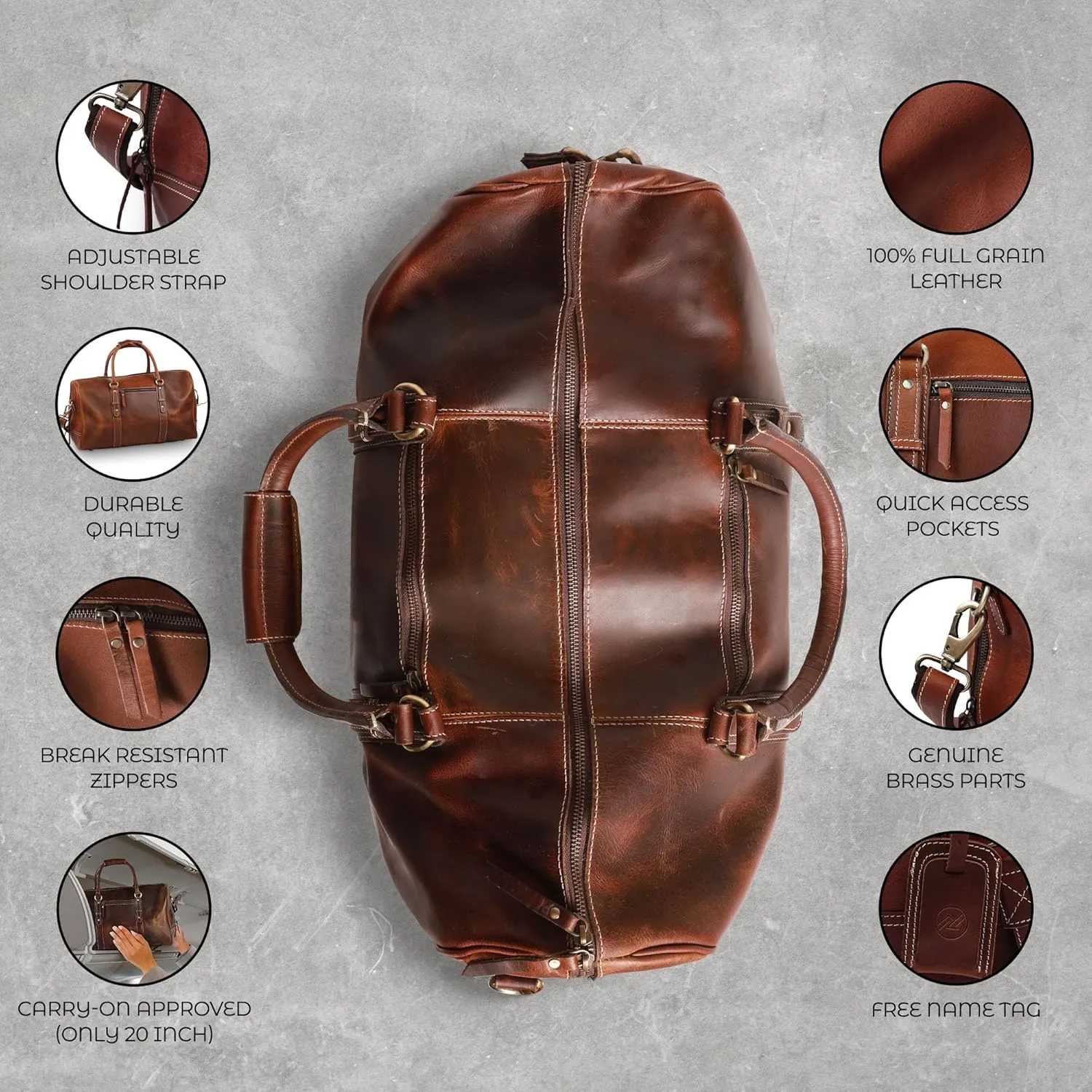 Premium Full-Grain Leather Duffle Bag for Men & Women | 20-Inch Handcrafted TSA Approved Carry-On Weekender Travel Bag with Multiple Pockets & Compartments by Northridge Leather (Antique Brown)
