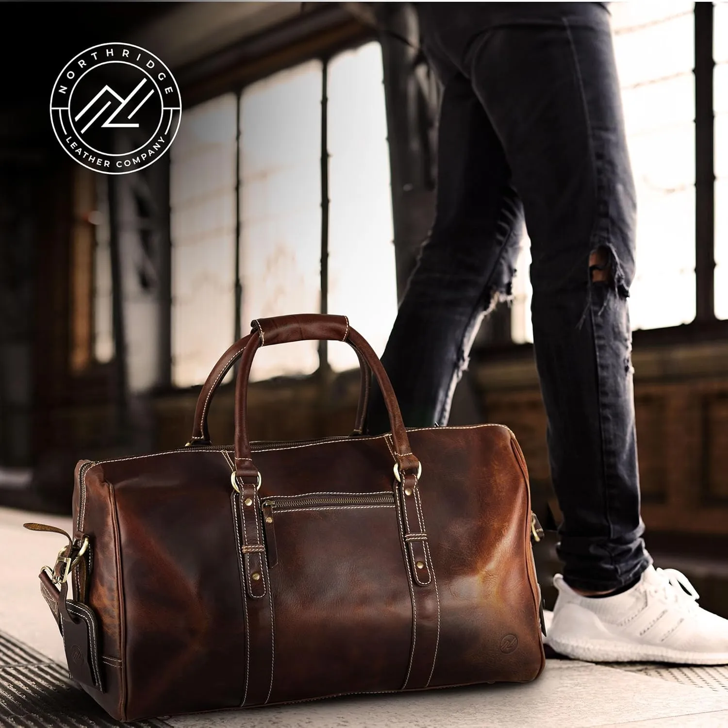 Premium Full-Grain Leather Duffle Bag for Men & Women | 20-Inch Handcrafted TSA Approved Carry-On Weekender Travel Bag with Multiple Pockets & Compartments by Northridge Leather (Antique Brown)
