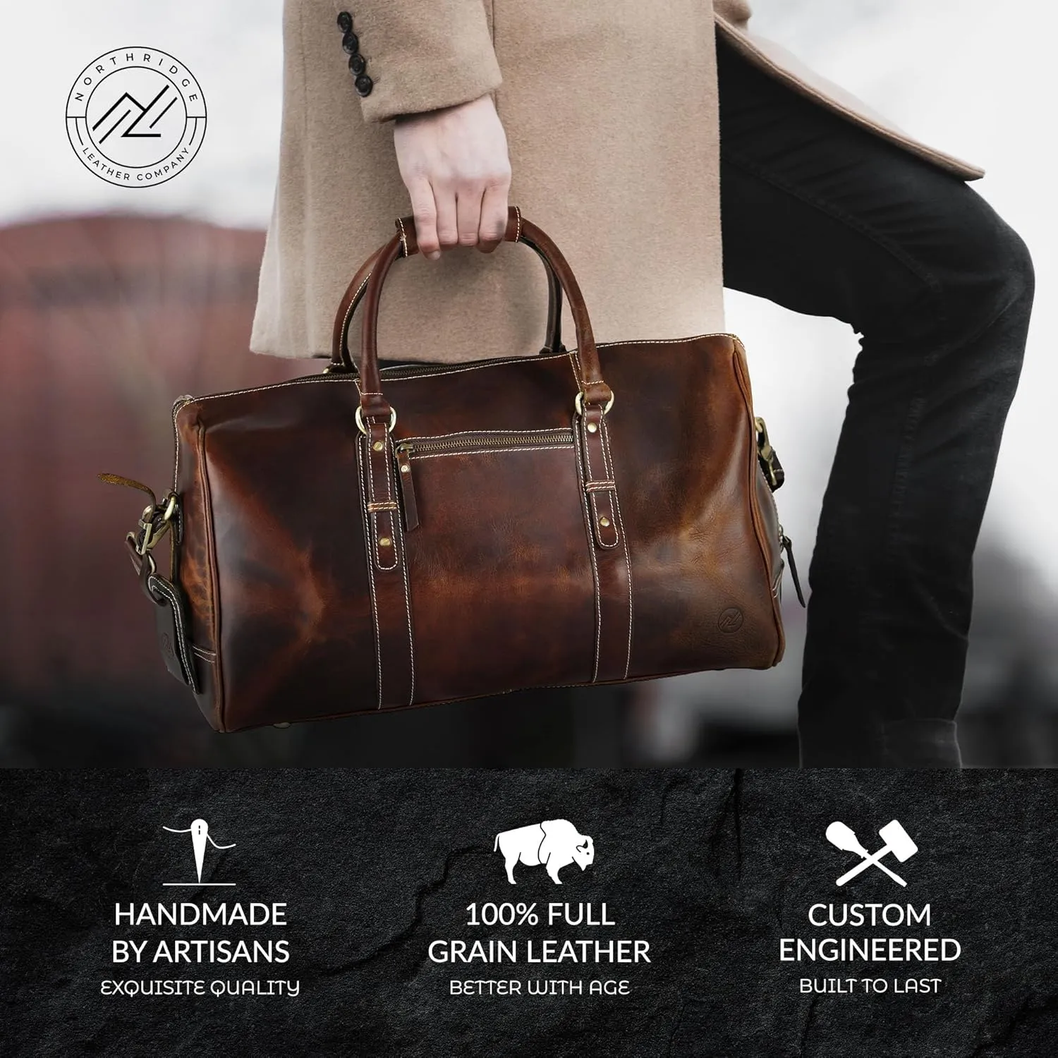 Premium Full-Grain Leather Duffle Bag for Men & Women | 20-Inch Handcrafted TSA Approved Carry-On Weekender Travel Bag with Multiple Pockets & Compartments by Northridge Leather (Antique Brown)