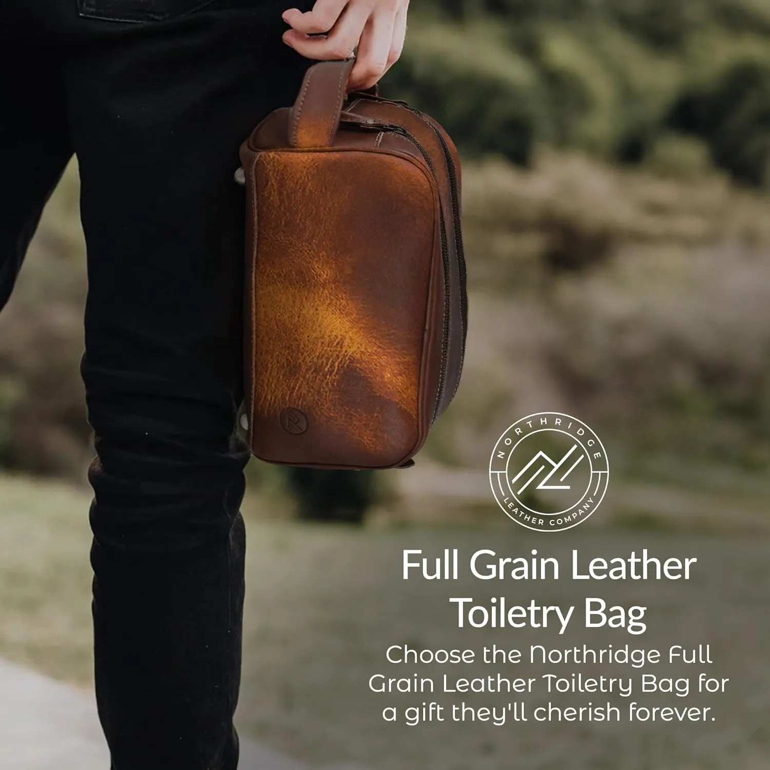 Premium Leather Toiletry Bag For Men - Travel Bag, Shaving Kit Bag & Toiletry Organizer - Full Grain Leather (Single Zip, Antique)