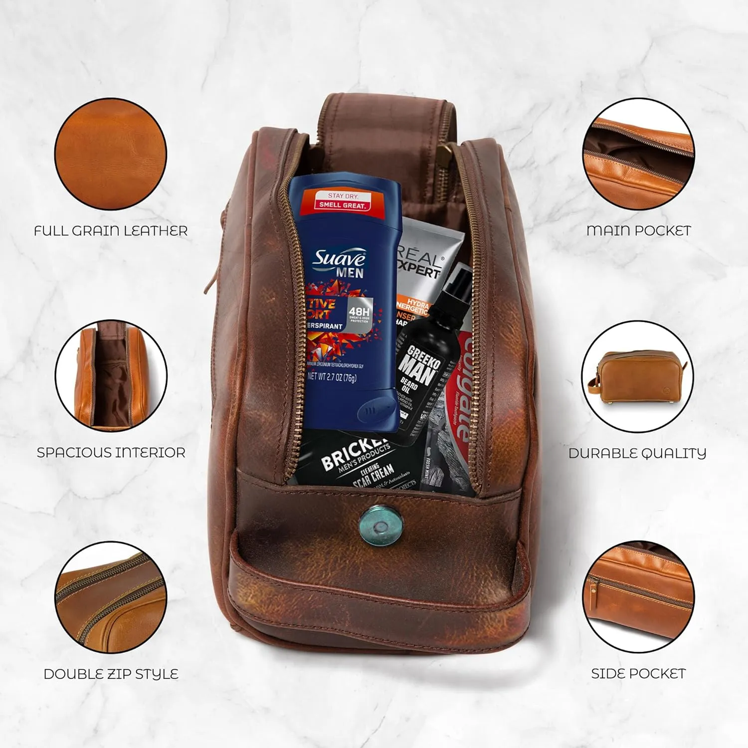 Premium Leather Toiletry Bag For Men - Travel Bag, Shaving Kit Bag & Toiletry Organizer - Full Grain Leather (Single Zip, Antique)