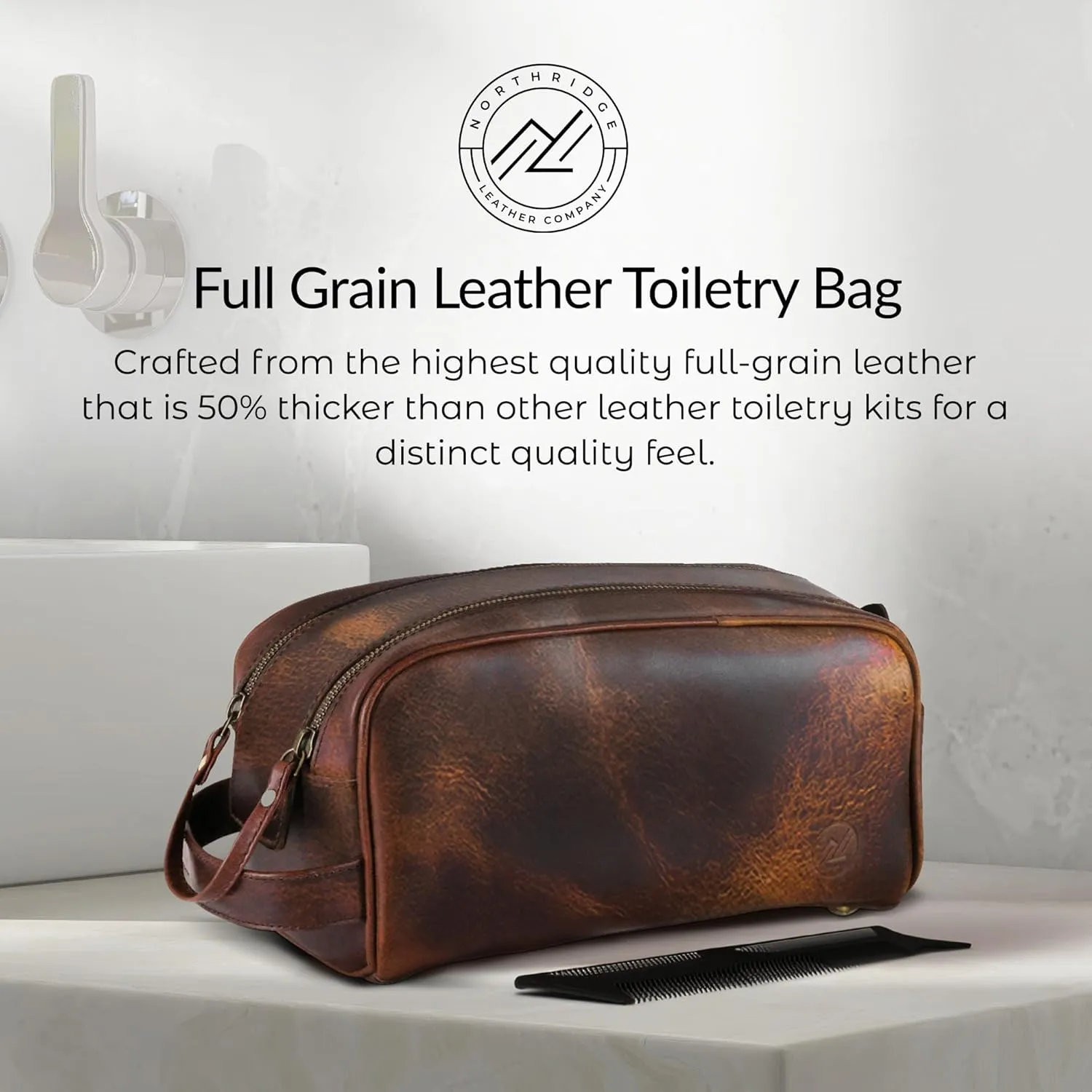 Premium Leather Toiletry Bag For Men - Travel Bag, Shaving Kit Bag & Toiletry Organizer - Full Grain Leather (Single Zip, Antique)