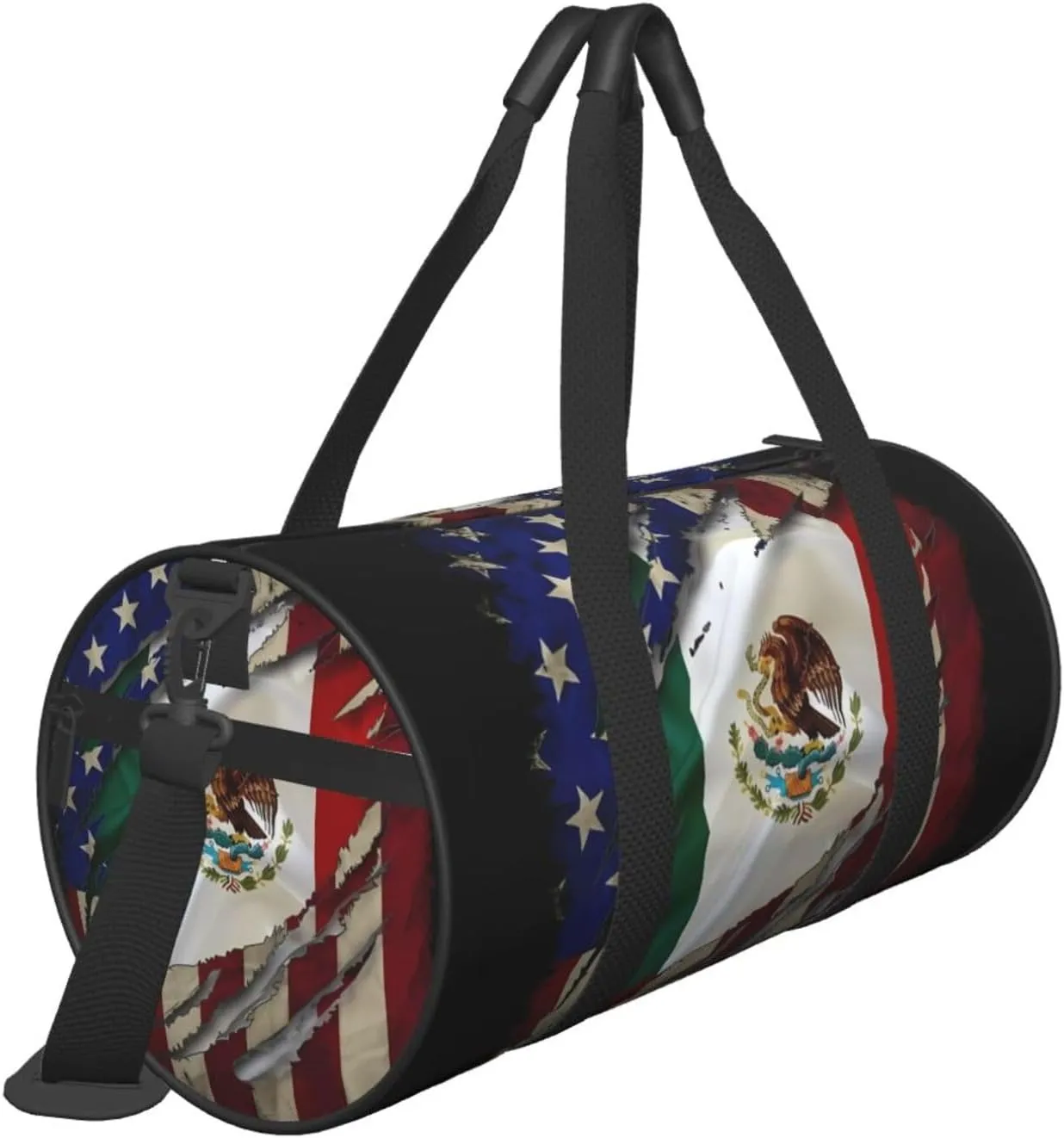 Proud Mexican American Flag Mexican Roots Round Travel Duffel Bag Large Capacity Gym Sports Bags for Hiking Vacation Trips