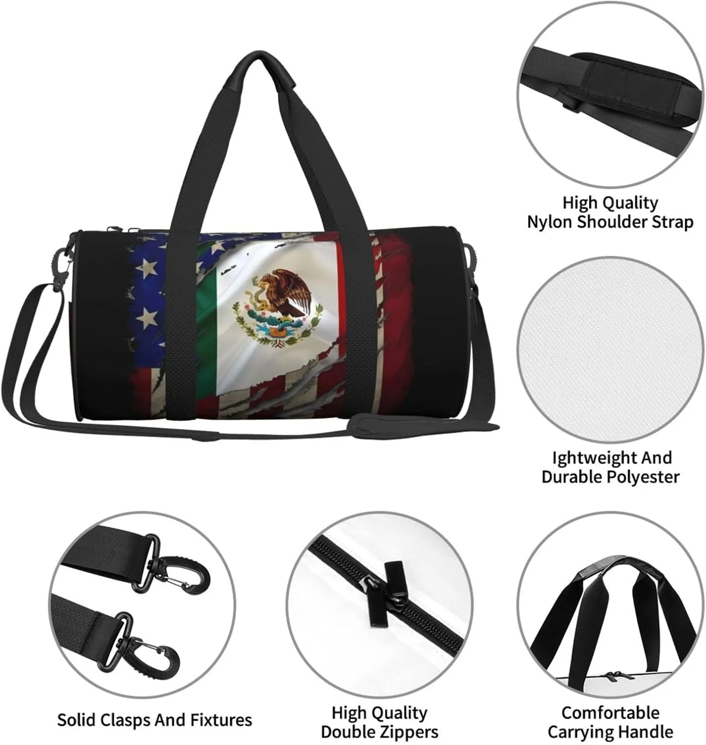 Proud Mexican American Flag Mexican Roots Round Travel Duffel Bag Large Capacity Gym Sports Bags for Hiking Vacation Trips