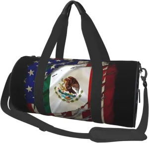 Proud Mexican American Flag Mexican Roots Round Travel Duffel Bag Large Capacity Gym Sports Bags for Hiking Vacation Trips