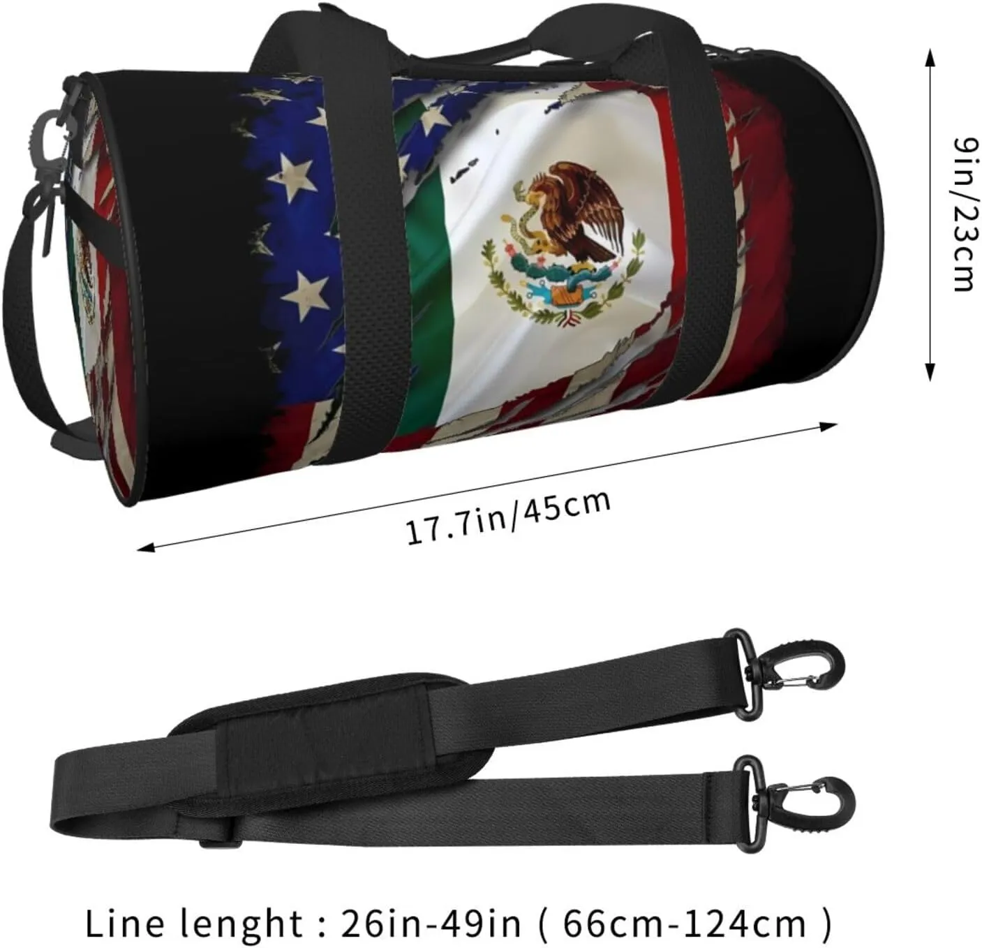 Proud Mexican American Flag Mexican Roots Round Travel Duffel Bag Large Capacity Gym Sports Bags for Hiking Vacation Trips
