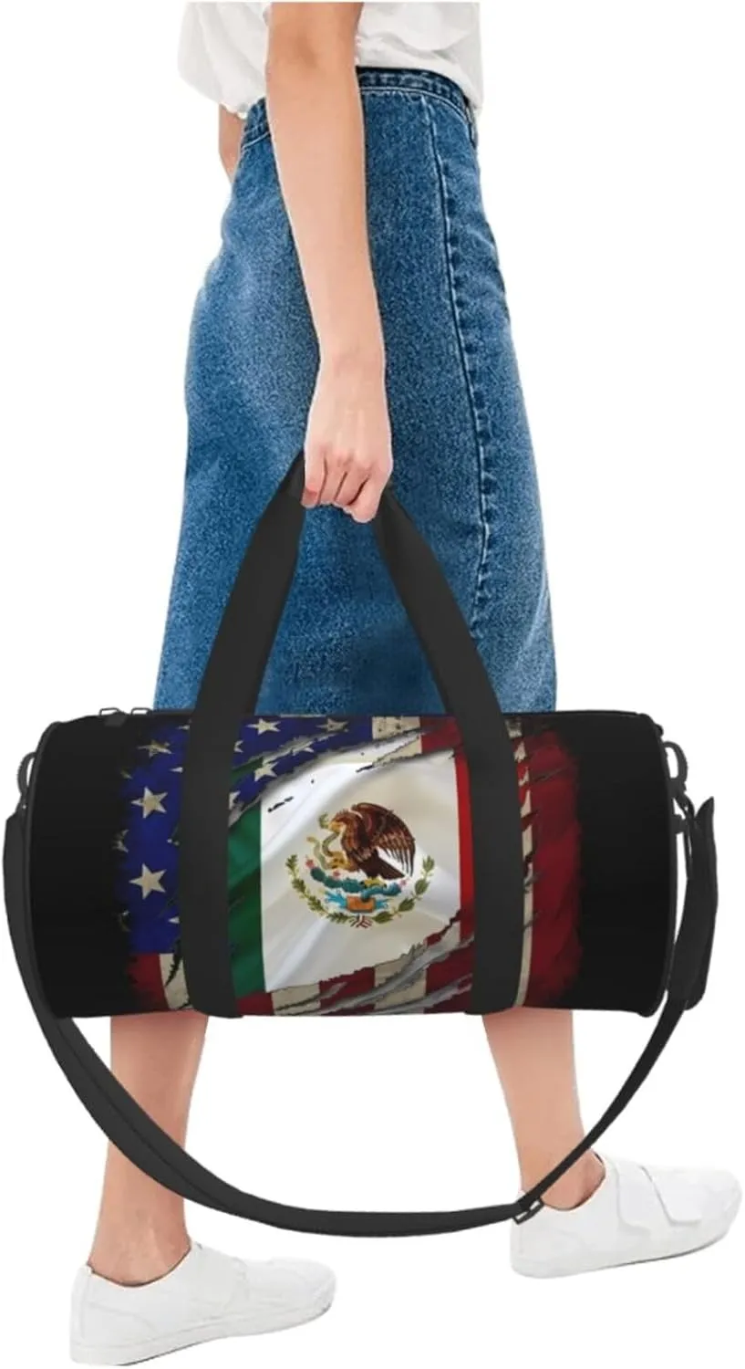 Proud Mexican American Flag Mexican Roots Round Travel Duffel Bag Large Capacity Gym Sports Bags for Hiking Vacation Trips
