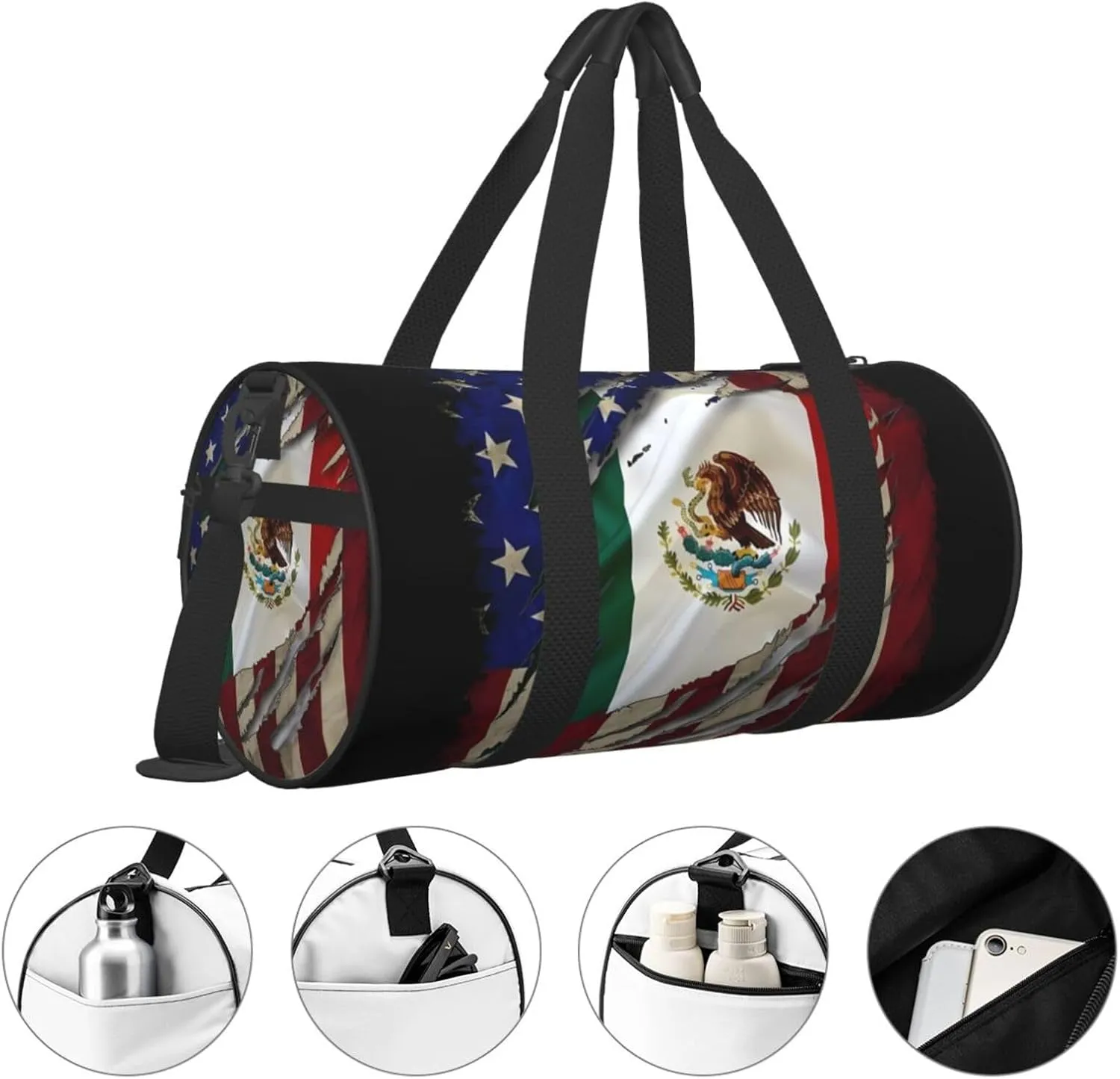 Proud Mexican American Flag Mexican Roots Round Travel Duffel Bag Large Capacity Gym Sports Bags for Hiking Vacation Trips