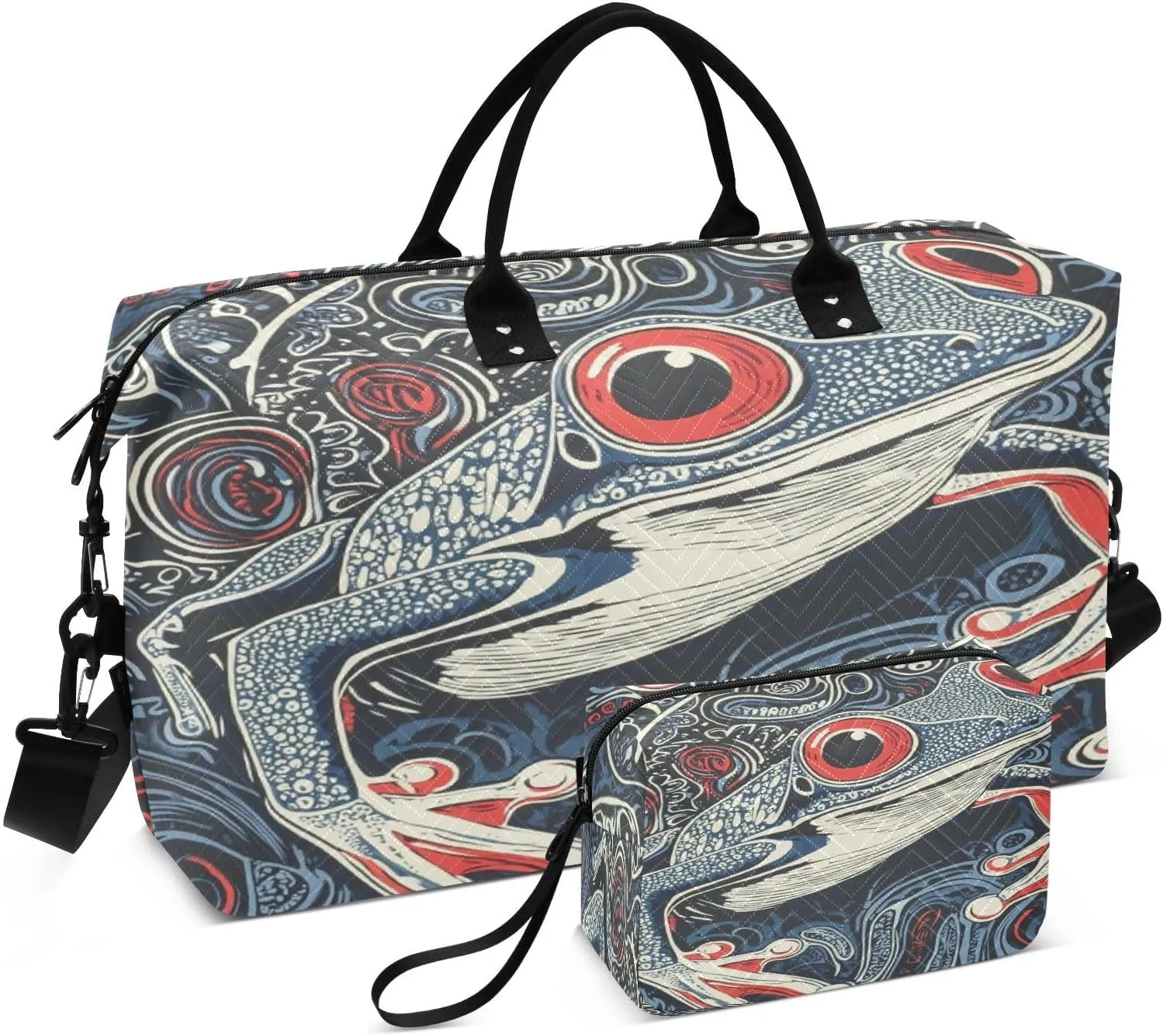 Psychedelic Frog Navy Sports Gym Bag for Women Men Travel Duffel Bag Weekend Overnight Carry on Bag with Toiletry Bag Training Handbag for Plane Hospital Workout Swimming Yoga